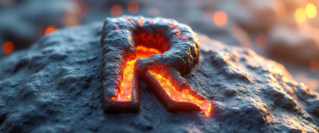 A striking letter R, crafted from molten lava, glows vividly against a rugged, textured rock background. This fiery representation evokes a sense of power and intensity, capturing the raw beauty of natures elements in a captivating display.の素材