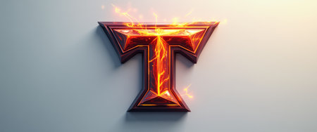 A striking letter T radiates energy with fiery orange and red hues, set against a sleek, light background. This captivating design combines modern aesthetics with a sense of power and intensity, perfect for branding or creative projects.の素材