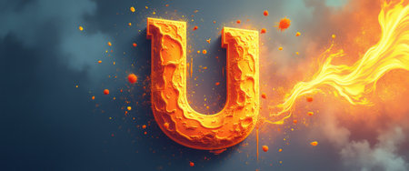 A striking letter U emerges from a backdrop of swirling clouds, radiating warmth and vibrancy. The fiery texture and dynamic flames symbolize passion and creativity, inviting viewers to explore the power of expression.の素材
