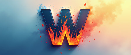 The striking letter W bursts with fiery flames, set against a captivating gradient backdrop of blue and warm hues. This dynamic image symbolizes passion and creativity, evoking a sense of energy and excitement that draws viewers in.の素材