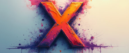 A striking letter X stands out in bold orange, surrounded by a burst of colorful splashes in purple and pink hues. This dynamic composition exudes energy and creativity, making it perfect for artistic projects or branding that seeks to capture attention and inspire.の素材