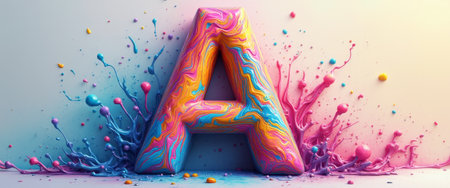 A striking, oversized letter A bursts with swirling colors, radiating creativity and energy, as vibrant splashes of paint explode around it. This dynamic composition captures the essence of artistic expression, inviting viewers to immerse themselves in a world of imagination and color.の素材