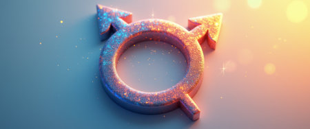 A stunning 3D representation of the transgender symbol glimmers with a spectrum of vibrant colors, set against a softly illuminated background. The sparkling effect enhances the symbols significance, celebrating diversity and inclusivity in a visually captivating manner.の素材
