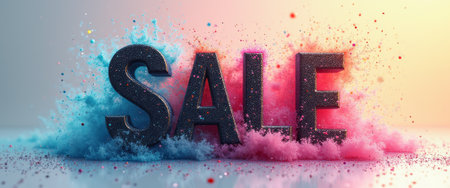 The bold word SALE stands out dramatically against a backdrop of vibrant pink and blue powder explosions. This eye-catching image captures the excitement of shopping and promotions, making it perfect for marketing campaigns and advertisements.の素材