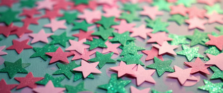 A delightful array of shimmering pink and green star-shaped confetti creates a festive and cheerful atmosphere. The vibrant colors and glimmering textures evoke a sense of celebration and joy, perfect for parties or special occasions.の素材