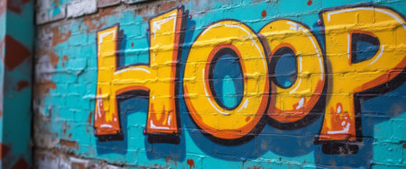 This striking graffiti artwork features the word HOOP in large, bold letters, painted in a bright yellow hue that pops against a textured turquoise wall. The playful design and urban setting evoke a sense of creativity and youthful energy, inviting viewers to appreciate street arts vibrant expression.の素材