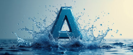 A striking letter A, crafted in a glossy blue finish, bursts through the surface of a tranquil water body, creating an impressive splash. This captivating image symbolizes creativity and innovation, evoking a sense of freshness and vitality as the water droplets dance around the letter.の素材