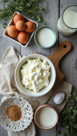 A beautifully arranged flat lay showcases fresh eggs, creamy cottage cheese, and milk, surrounded by herbs and sugar. This inviting composition evokes a sense of home cooking, perfect for inspiring culinary creativity and wholesome meals.の素材