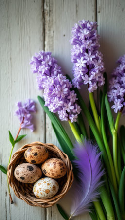 A charming arrangement of lavender hyacinths and speckled eggs nestled in a woven basket creates a serene springtime scene. The soft colors and textures evoke feelings of renewal and joy, perfect for celebrating Easter or the beauty of nature.の素材