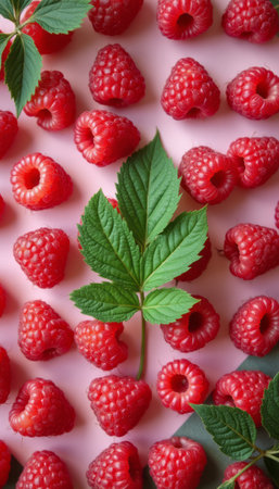 A delightful arrangement of plump, juicy raspberries is artfully scattered across a soft pink backdrop, complemented by lush green leaves. This vibrant composition evokes a sense of freshness and abundance, perfect for food lovers and health enthusiasts alike.の素材