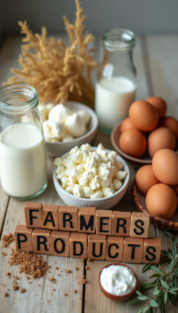 A delightful arrangement of fresh farm products showcases eggs, creamy cheese, and milk, all beautifully presented on a rustic wooden table. The charming display, complete with decorative elements like dried flowers and wooden blocks spelling FARMERS PRODUCTS, evokes a sense of wholesome, farm-fresh goodness.の素材