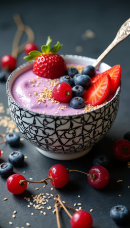 A beautifully crafted bowl of creamy purple yogurt is adorned with vibrant strawberries, blueberries, and cherries, creating a feast for the eyes. The intricate design of the bowl, paired with the colorful toppings, evokes a sense of indulgence and health, perfect for a refreshing breakfast or snack.の素材