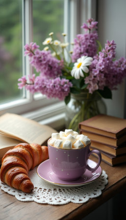 A delightful morning setup featuring a lavender cup filled with hot chocolate topped with fluffy marshmallows, accompanied by a golden croissant. The soft light streaming through the window illuminates a vase of lilacs and daisies, creating a warm and inviting atmosphere perfect for relaxation and indulgence.の素材