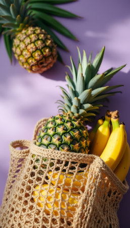 A vibrant arrangement of ripe bananas and a luscious pineapple peeks out from a chic net bag against a soft purple backdrop. This delightful scene radiates a sunny, tropical vibe, perfect for evoking feelings of freshness and vitality.の素材