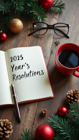 A beautifully arranged scene featuring an open notebook titled 2025 Yearâs Resolutions, accompanied by a steaming cup of coffee and holiday decorations. This inviting composition captures the spirit of reflection and goal-setting, perfect for inspiring a fresh start in the new year.の素材