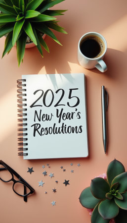 A stylish notebook titled 2025 New Years Resolutions sits on a warm peach background, surrounded by a cup of coffee, a pen, and vibrant green plants. This inviting scene captures the essence of fresh beginnings and personal growth, encouraging viewers to reflect on their aspirations for the upcoming year.の素材