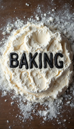 A delightful arrangement of flour and cream forms a whimsical backdrop, with the word BAKING boldly displayed in black letters. This charming scene captures the essence of culinary creativity, inviting viewers to indulge in the joy of baking and the magic of homemade treats.の素材