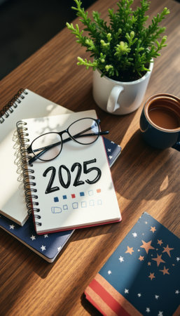 A beautifully arranged workspace features a 2025 planner, stylish notebooks, and a warm cup of coffee, creating an inviting atmosphere for productivity. The vibrant greenery adds a refreshing touch, inspiring creativity and focus as one prepares for the upcoming year.の素材