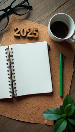 An inviting workspace features a blank notebook, a green pen, and a steaming cup of coffee, all set against a warm wooden background. The year 2025 is prominently displayed, symbolizing fresh beginnings and the excitement of new goals and aspirations.の素材