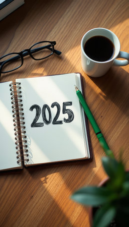 A cozy workspace features an open notebook with 2025 boldly written, accompanied by a steaming cup of coffee and stylish glasses. This inviting scene captures the essence of new beginnings and thoughtful planning, perfect for inspiring productivity and goal-setting for the upcoming year.の素材