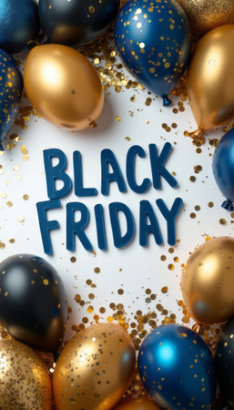 A vibrant arrangement of gold, blue, and black balloons surrounds bold lettering that reads BLACK FRIDAY, set against a backdrop of shimmering confetti. This lively composition captures the excitement and anticipation of shopping deals, making it perfect for promotional materials.の素材