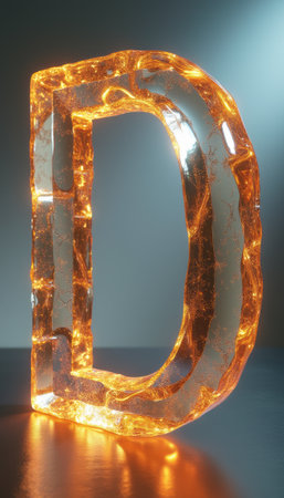 A stunning amber letter D radiates warmth and light, showcasing intricate patterns within its transparent structure. This captivating piece combines artistry and design, making it a perfect focal point for modern decor or branding.の素材
