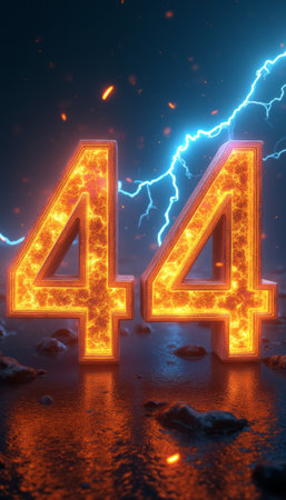 The striking number 44 glows with a fiery orange hue, set against a dramatic stormy background illuminated by electric blue lightning. This captivating image combines elements of power and intensity, evoking a sense of energy and excitement.の素材