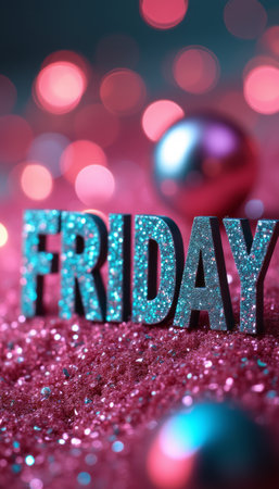 The word FRIDAY glimmers in sparkling letters against a vibrant pink backdrop, adorned with shimmering ornaments. This lively scene captures the excitement of the weekend, inviting viewers to celebrate and unwind.の素材