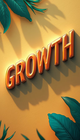 The striking 3D word GROWTH stands out in a glossy orange finish, casting playful shadows on a bright yellow backdrop. Surrounded by lush green leaves, this image symbolizes vitality and progress, evoking a sense of optimism and potential.の素材