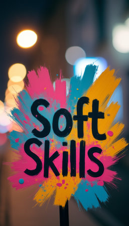 A colorful sign boldly proclaims Soft Skills, splashed with bright pink, blue, and yellow hues, set against a softly blurred urban night scene. This eye-catching image emphasizes the importance of interpersonal abilities in a modern, dynamic world, inviting viewers to reflect on their own skill sets.の素材