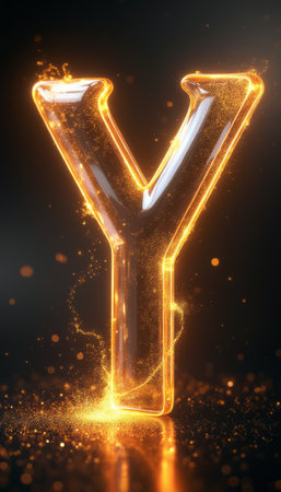 A stunning 3D representation of the letter Y radiates with a warm golden glow, surrounded by shimmering particles that create a magical atmosphere. This captivating design combines elegance and modernity, making it perfect for branding, logos, or creative projects that seek to stand out.の素材