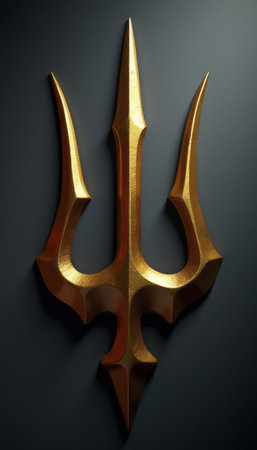 This striking golden trident emblem stands out boldly against a sleek, dark background, exuding power and elegance. The intricate design and shimmering surface reflect light beautifully, making it a captivating symbol of strength and authority.の素材
