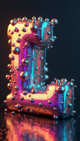 A striking letter L glistens with vibrant hues of blue and purple, embellished with reflective bubbles that create a mesmerizing effect. This artistic representation combines modern design with a playful touch, inviting viewers to explore the beauty of typography and color.の素材