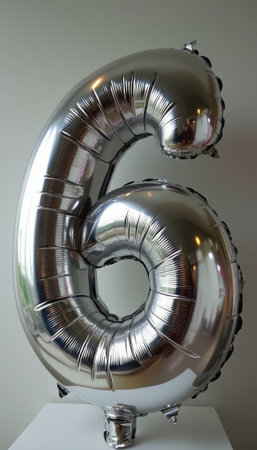 A gleaming silver balloon shaped like the number six stands proudly against a soft, neutral background. This festive decoration adds a touch of elegance and excitement, perfect for celebrating birthdays or anniversaries.の素材