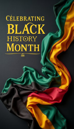 A stunning display of flowing fabric in rich colors symbolizes the celebration of Black History Month. The vibrant green, yellow, and black hues evoke a sense of pride and unity, honoring cultural heritage and history.の素材
