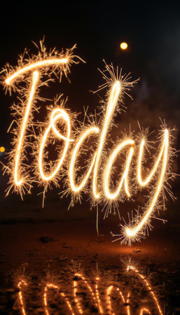 The word Today is beautifully crafted with glowing sparklers, radiating a sense of joy and celebration against a dark night backdrop. This captivating image embodies the spirit of living in the moment, inviting viewers to embrace the present with enthusiasm and positivity.の素材