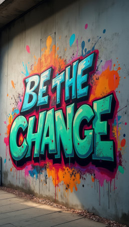 This striking graffiti mural features the powerful message BE THE CHANGE in bold, eye-catching typography, surrounded by splashes of vivid colors. The artwork radiates energy and inspiration, encouraging viewers to embrace transformation and make a positive impact in their communities.の素材