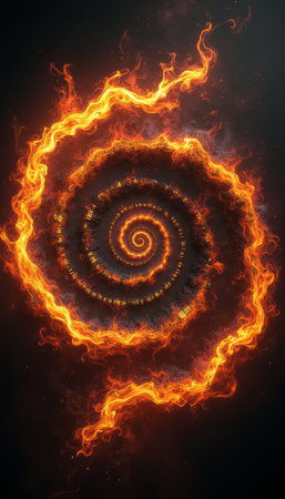 A stunning spiral of vibrant flames dances against a dark backdrop, creating a captivating visual effect. This dynamic image evokes feelings of energy and transformation, drawing viewers into its hypnotic swirl of fire and light.の素材