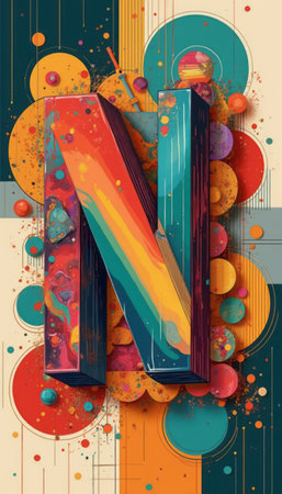 This striking image features a large, three-dimensional letter N adorned with a rainbow of colors, set against a backdrop of playful circles and abstract shapes. The dynamic composition bursts with energy, inviting viewers to explore the creativity and imagination behind this artistic representation.の素材