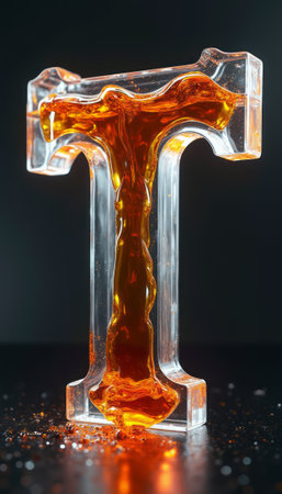 A striking image of a transparent letter T filled with a rich, amber liquid that cascades and glistens against a dark background. The vibrant color and glossy texture create a captivating visual that evokes a sense of creativity and fluidity.の素材