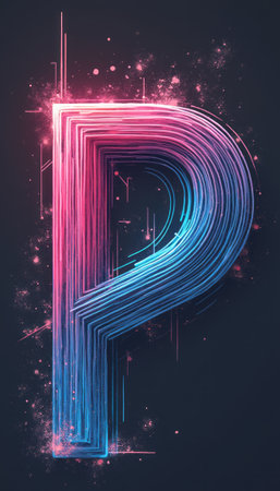 A stunning neon letter P radiates in a blend of pink and blue hues, surrounded by a cosmic splash of light and particles. This captivating design embodies modernity and creativity, making it perfect for tech and digital themes.の素材