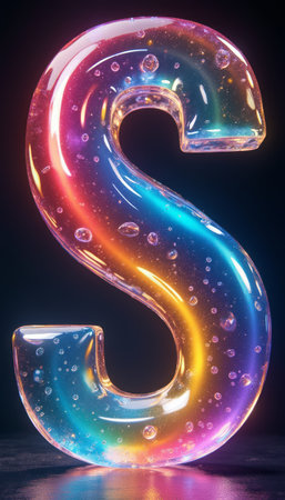 A stunning, translucent letter S radiates vibrant colors, showcasing a mesmerizing blend of blues, pinks, and golds. The playful bubbles trapped within the letter add a whimsical touch, creating a captivating visual that draws the eye and sparks imagination.の素材