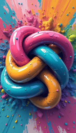 A striking knot made of glossy, colorful paint twists and turns, radiating energy against a backdrop of splattered hues. This dynamic composition bursts with creativity, inviting viewers to explore the playful interplay of color and form.の素材