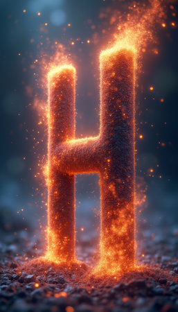 A stunning letter H emerges from a bed of glowing particles, radiating warmth and energy in a mystical setting. This captivating image evokes a sense of wonder and creativity, perfect for projects that celebrate innovation and inspiration.の素材