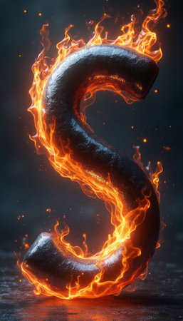 A striking letter S emerges from a dark background, surrounded by vibrant flames that dance and flicker. This dynamic image captures the essence of energy and transformation, symbolizing passion and creativity in a visually stunning way.の素材