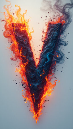 A striking letter V emerges from a backdrop of swirling flames and smoke, creating a dramatic visual impact. The vibrant colors of orange and blue flames dance around the letter, evoking a sense of energy and intensity, perfect for capturing attention in any design.の素材