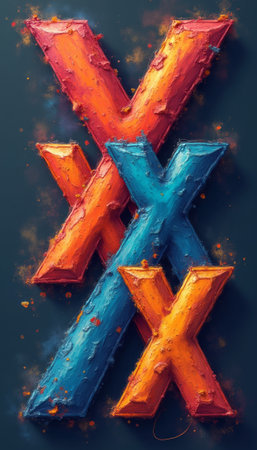 Three oversized, textured letters X in fiery orange and cool blue stand out against a dark background, exuding energy and creativity. The dynamic colors and rough textures invite viewers to explore the interplay of light and shadow, making this image perfect for modern design projects.の素材