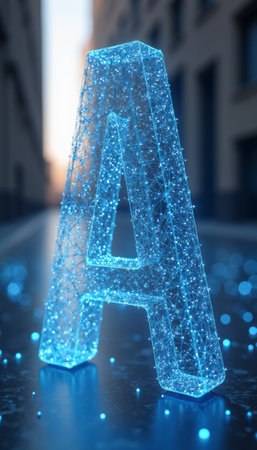 A stunning 3D representation of the letter A glows with a network of interconnected blue particles, set against a softly blurred urban backdrop. This futuristic design evokes a sense of innovation and creativity, inviting viewers to explore the possibilities of digital expression and technology.の素材