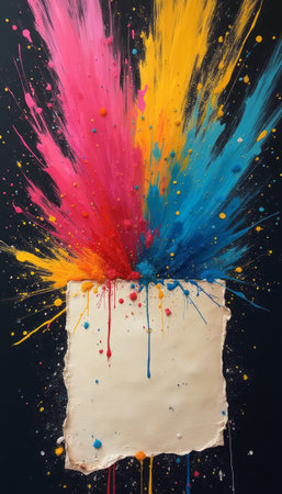 A stunning explosion of pink, red, blue, and yellow paint bursts from a central canvas, creating a dynamic and energetic visual. This artwork captures the essence of creativity and passion, inviting viewers to immerse themselves in a world of color and imagination.の素材