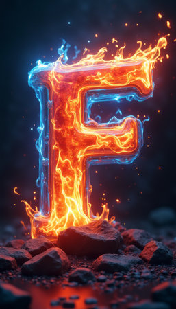 A stunning letter F emerges from a bed of rocks, engulfed in vibrant blue and orange flames that dance and flicker. This captivating image combines elements of fire and light, creating a dynamic visual that symbolizes energy and creativity.の素材